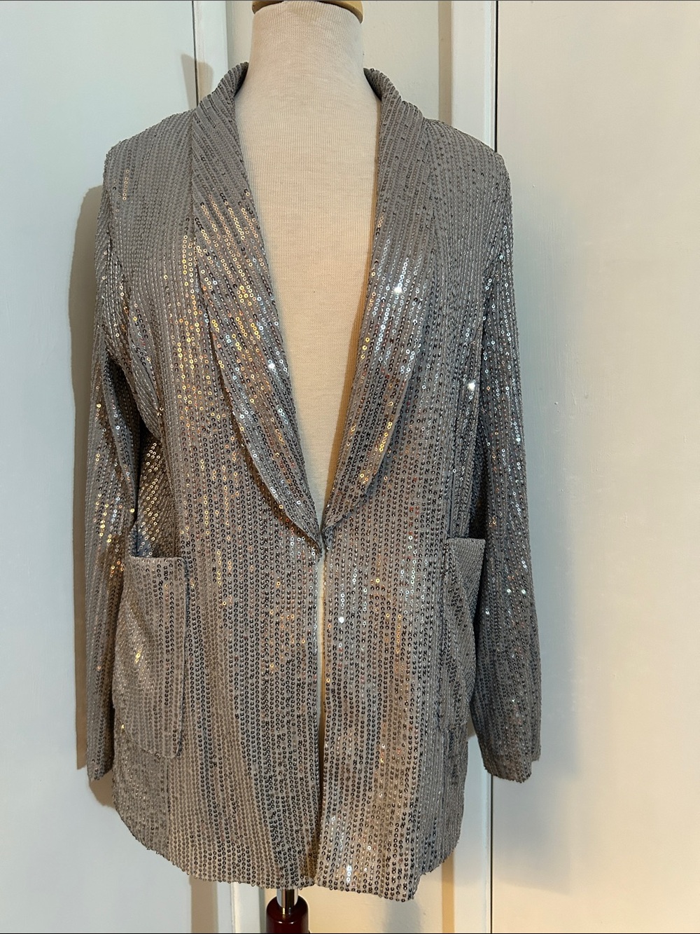 Grey Sequin Open-Front Blazer Jacket